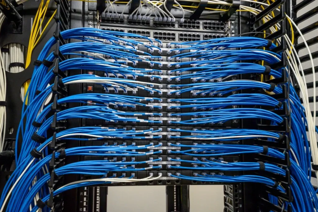 Organized commercial network cabling at a rack